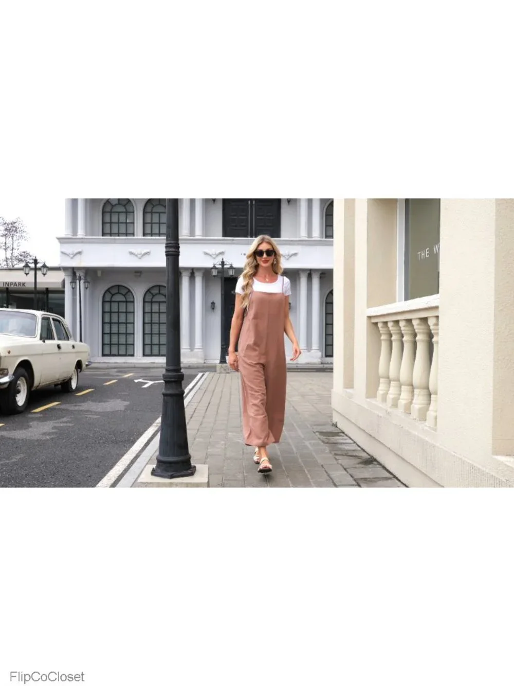 Women's Cotton Wide Leg Jumpsuit Baggy Cropped Romper Overalls with Pockets